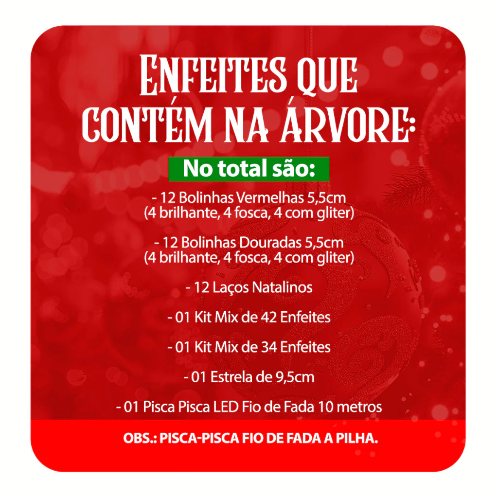 Árvore Natal Decorada 2,10m 600 Galhos 114 Enfeites Premium Kit Completo Enfeites + Pisca Pisca